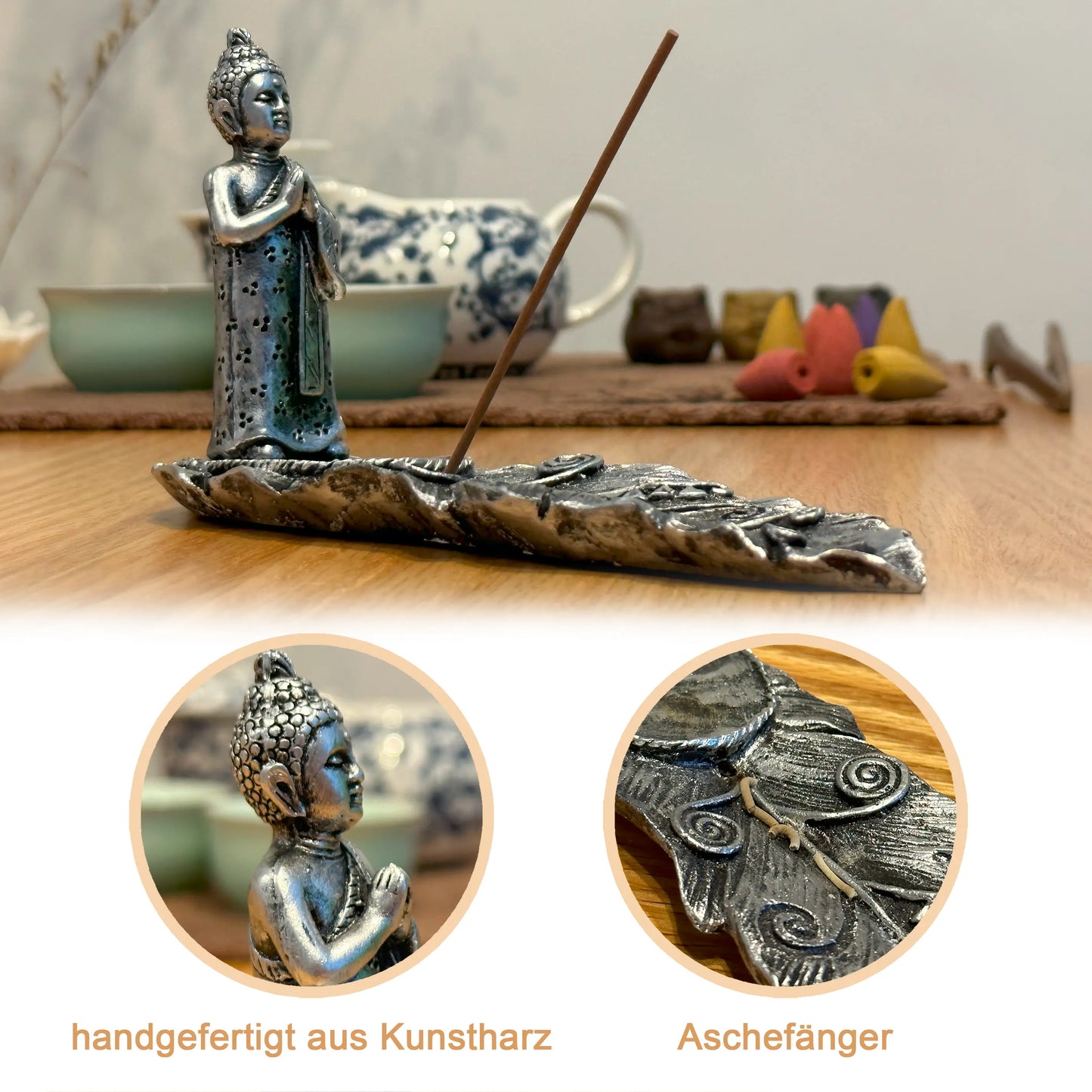 Räucherstäbchenhalter silberfarbiger Buddha stehend mit Detailbildern Aschefänger