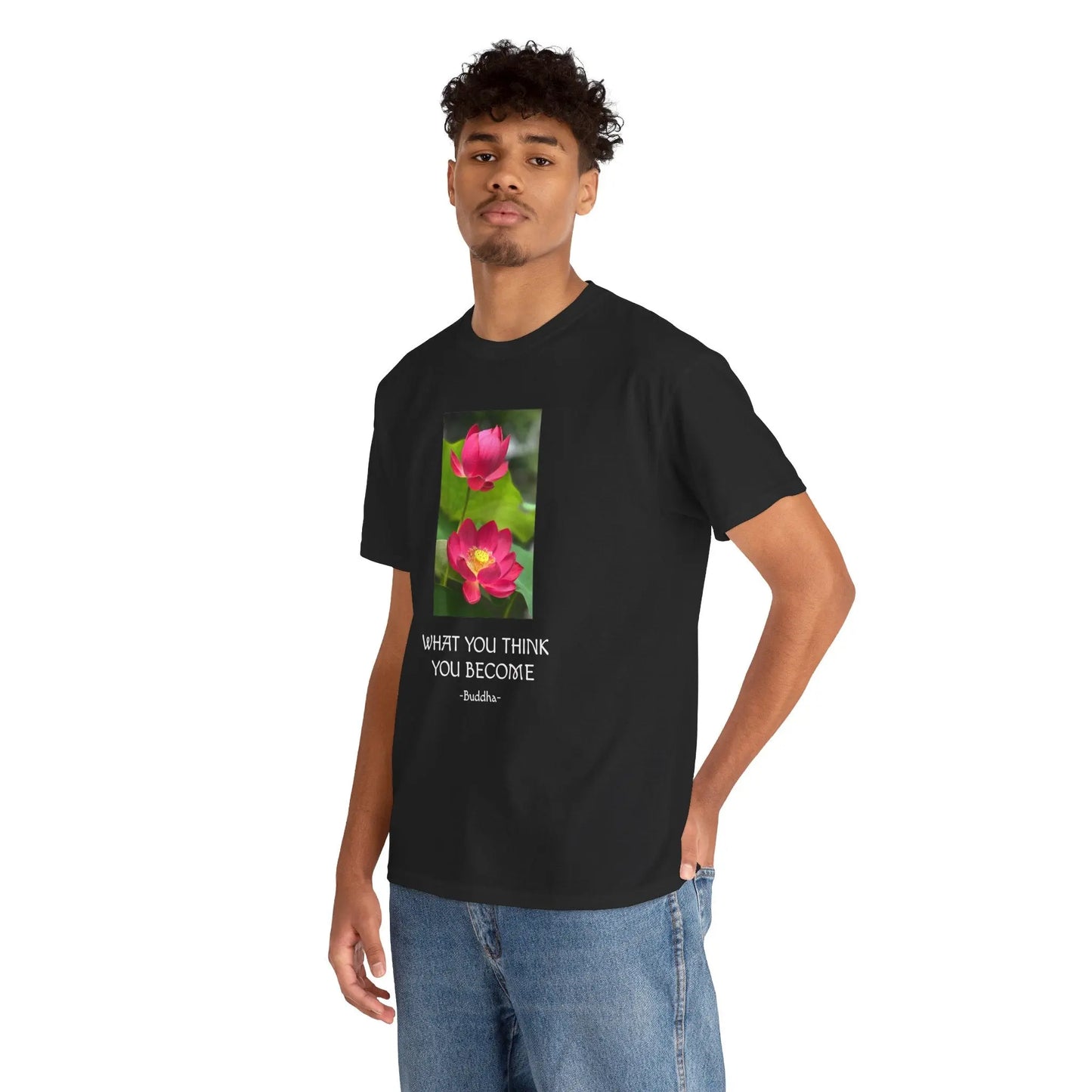 Lotusblüte T-Shirt mit Zitat von Buddha What you think you become MFunke schwarz unisex