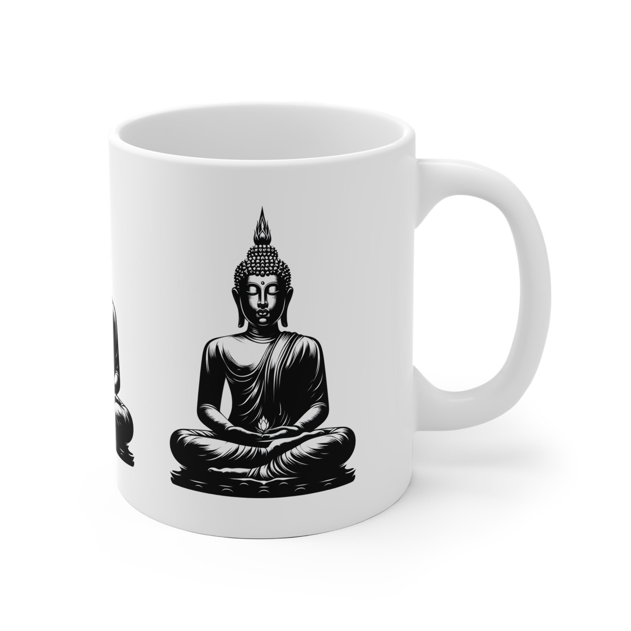 Buddha Tasse Keramik weiß mit Buddha Motiv in schwarz-weiß meditierend