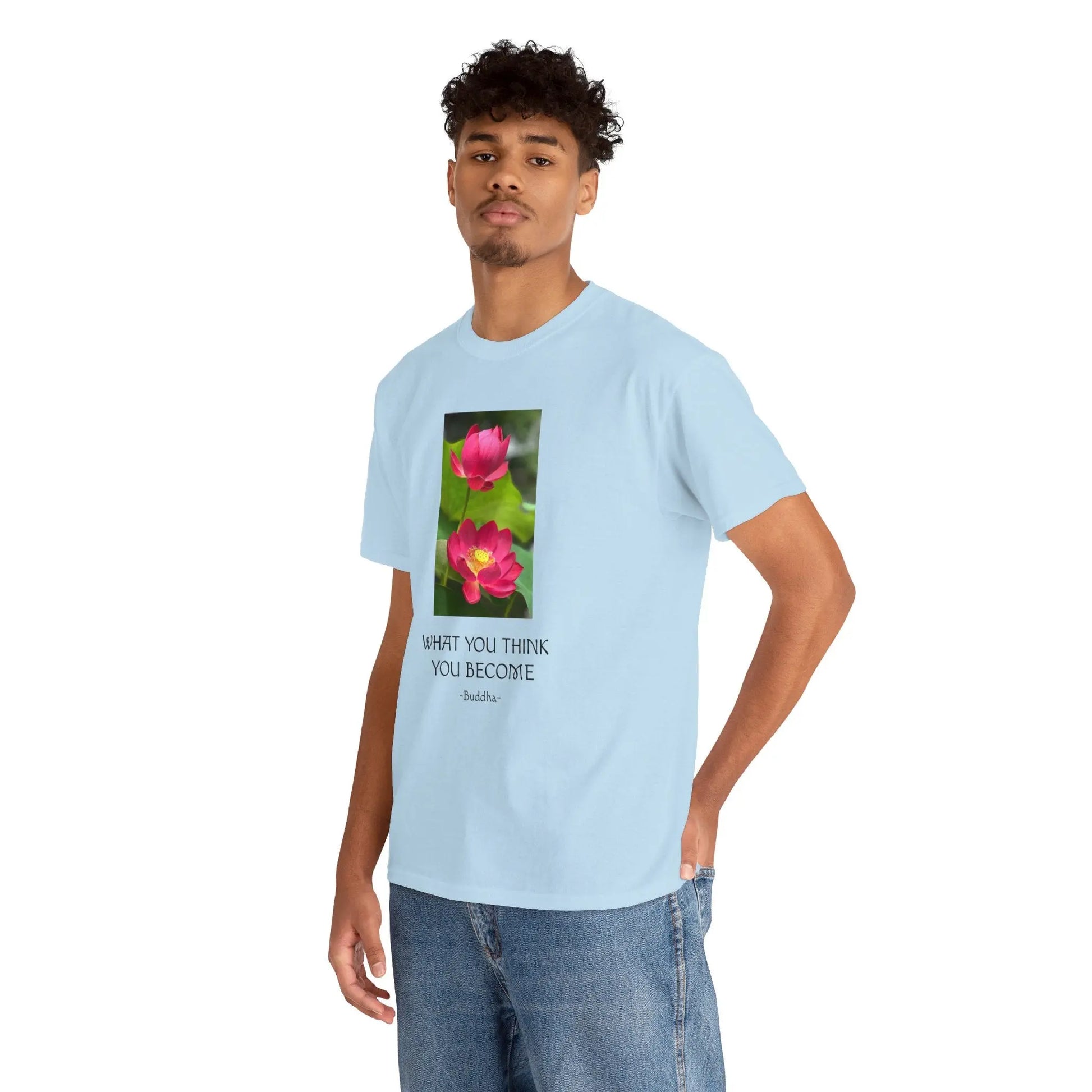 Lotusblüte T-Shirt mit Zitat von Buddha What you think you become MFunke hellblau unisex