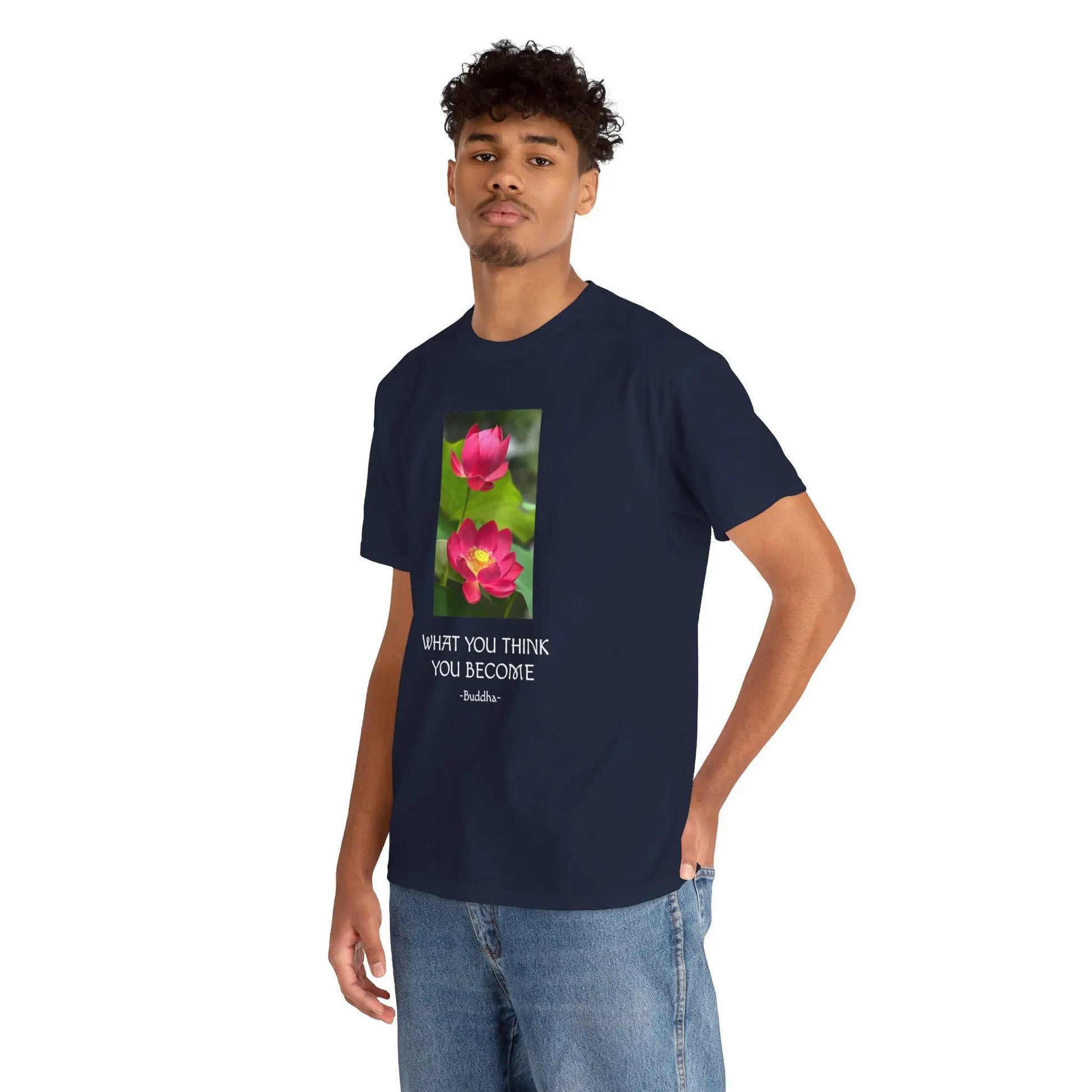 Lotusblüte T-Shirt mit Zitat von Buddha What you think you become MFunke dunkelblau unisex