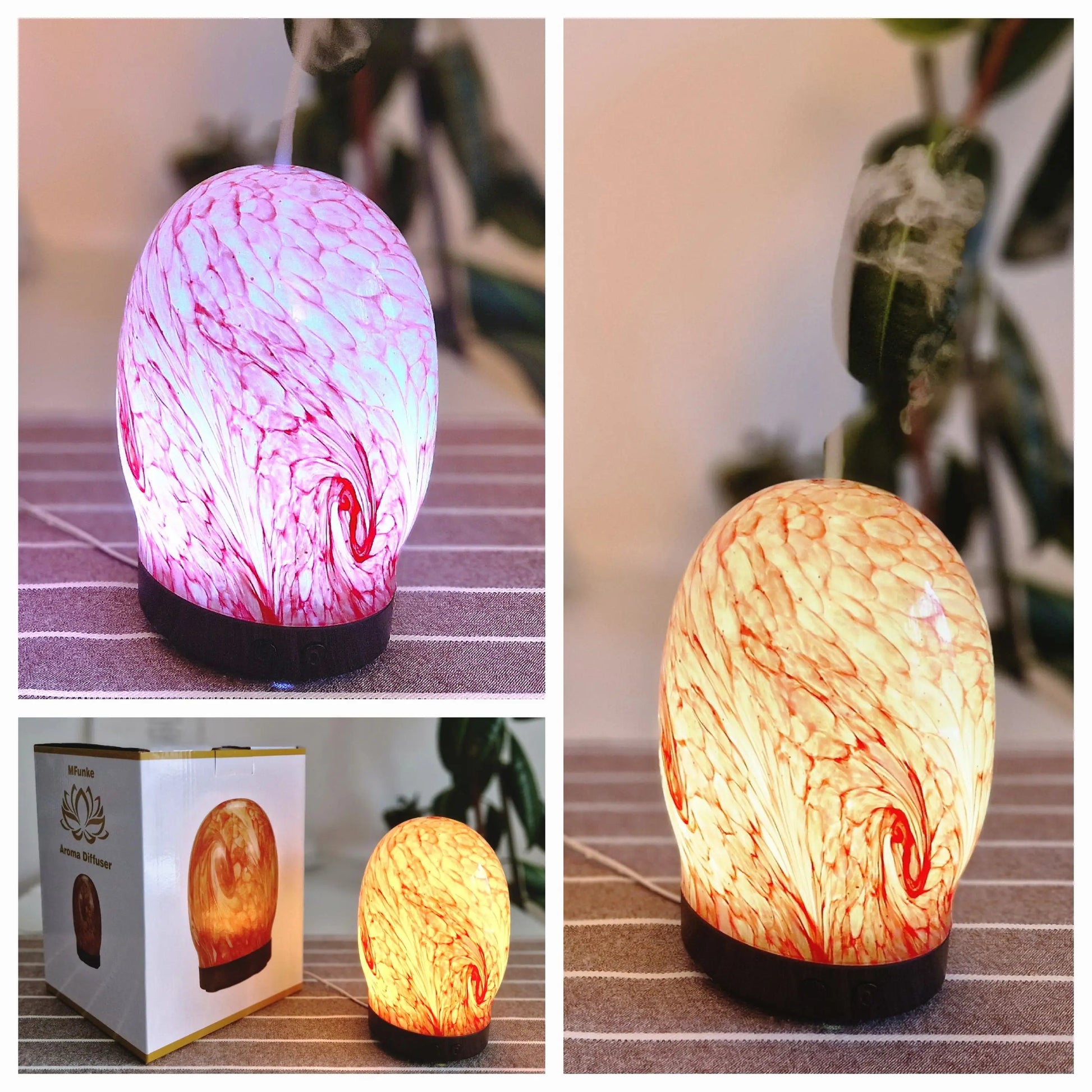 Aroma Diffuser Planetdesign in orangener Farbe und rosa Farbe mit Nebel und mit Verpackung