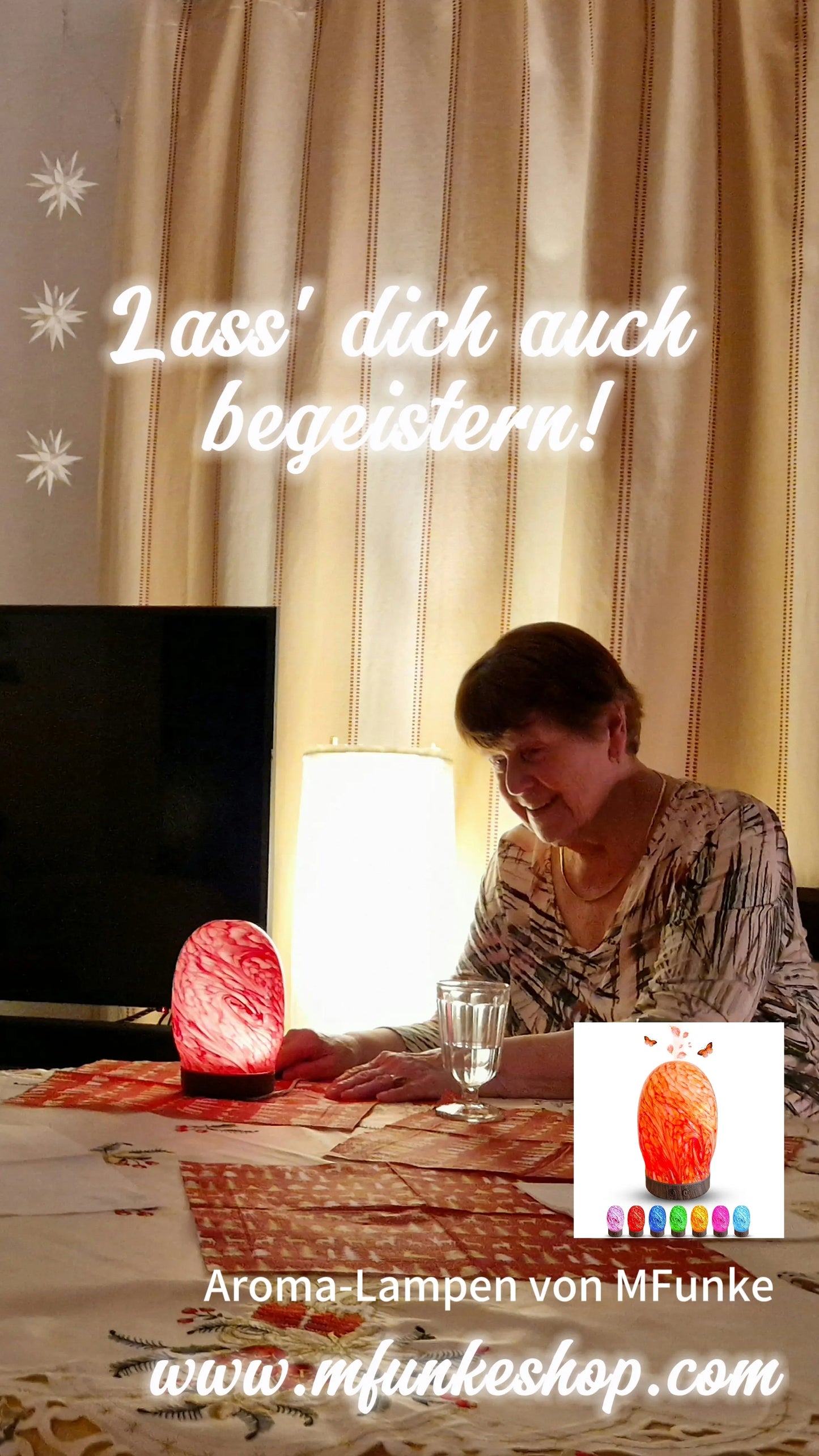 Kundenfoto ältere Dame schaut begeistert den Aroma Diffuser an wie er rot leuchtet