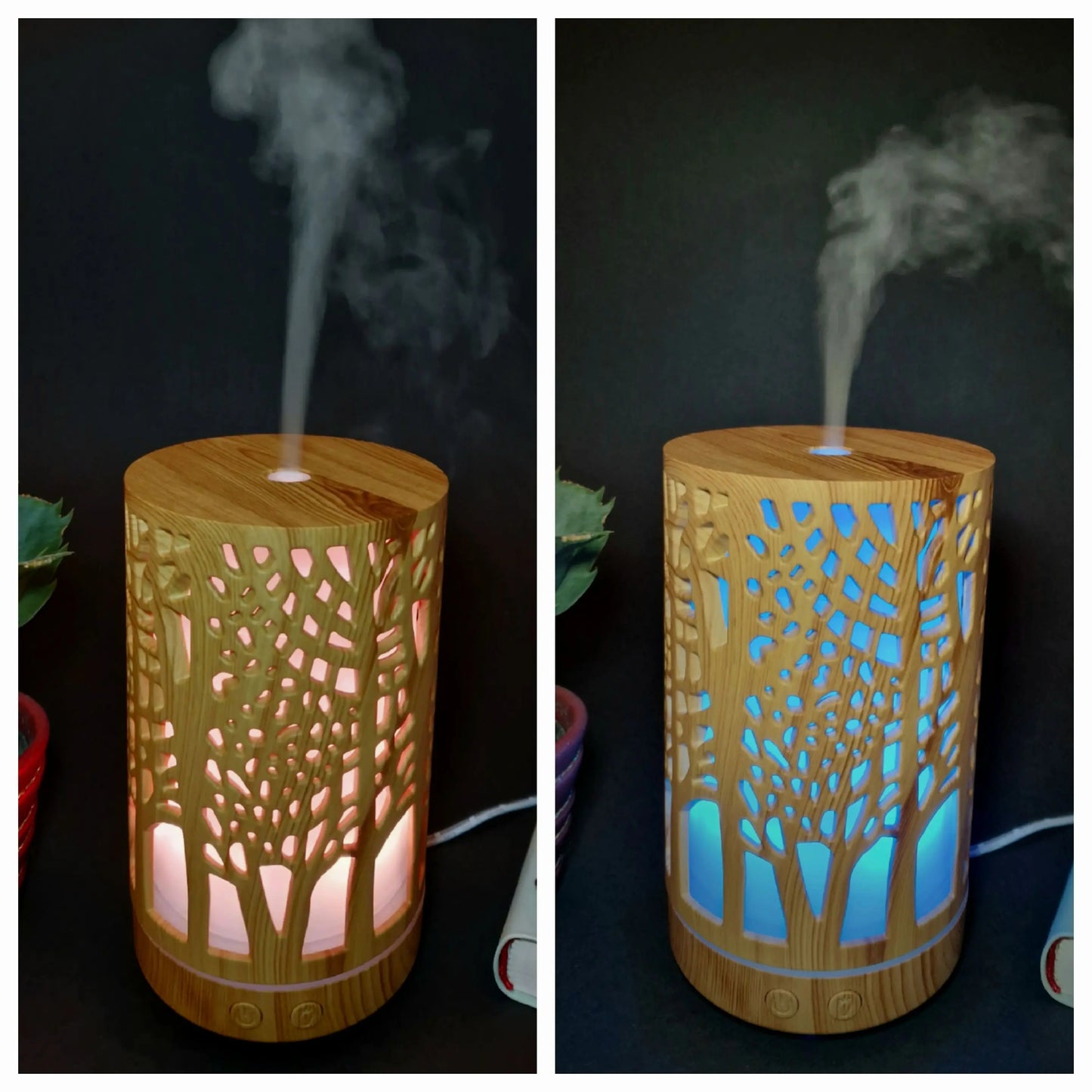 Aroma Diffuser Baumdesign mit LED Licht in rosa und blau mit Dampf Nebel