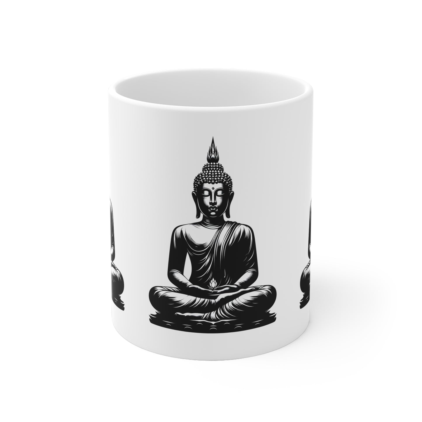Buddha Tasse Keramik weiß mit Buddha Motiv in schwarz-weiß meditierend