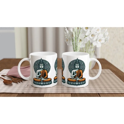 Buddha Keramiktasse weiß mit Buddha im orangefarbigen Gewand betend MFunke Shop 