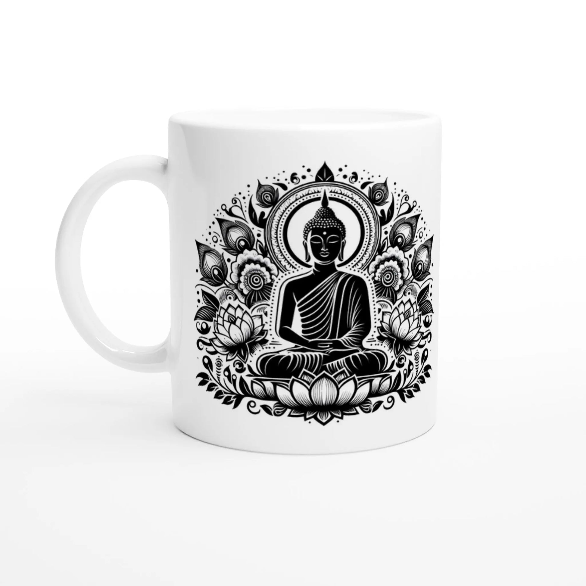 Keramiktasse mit Motiv Buddha mit Lotusblüten schwarz weiss MFunke Shop 