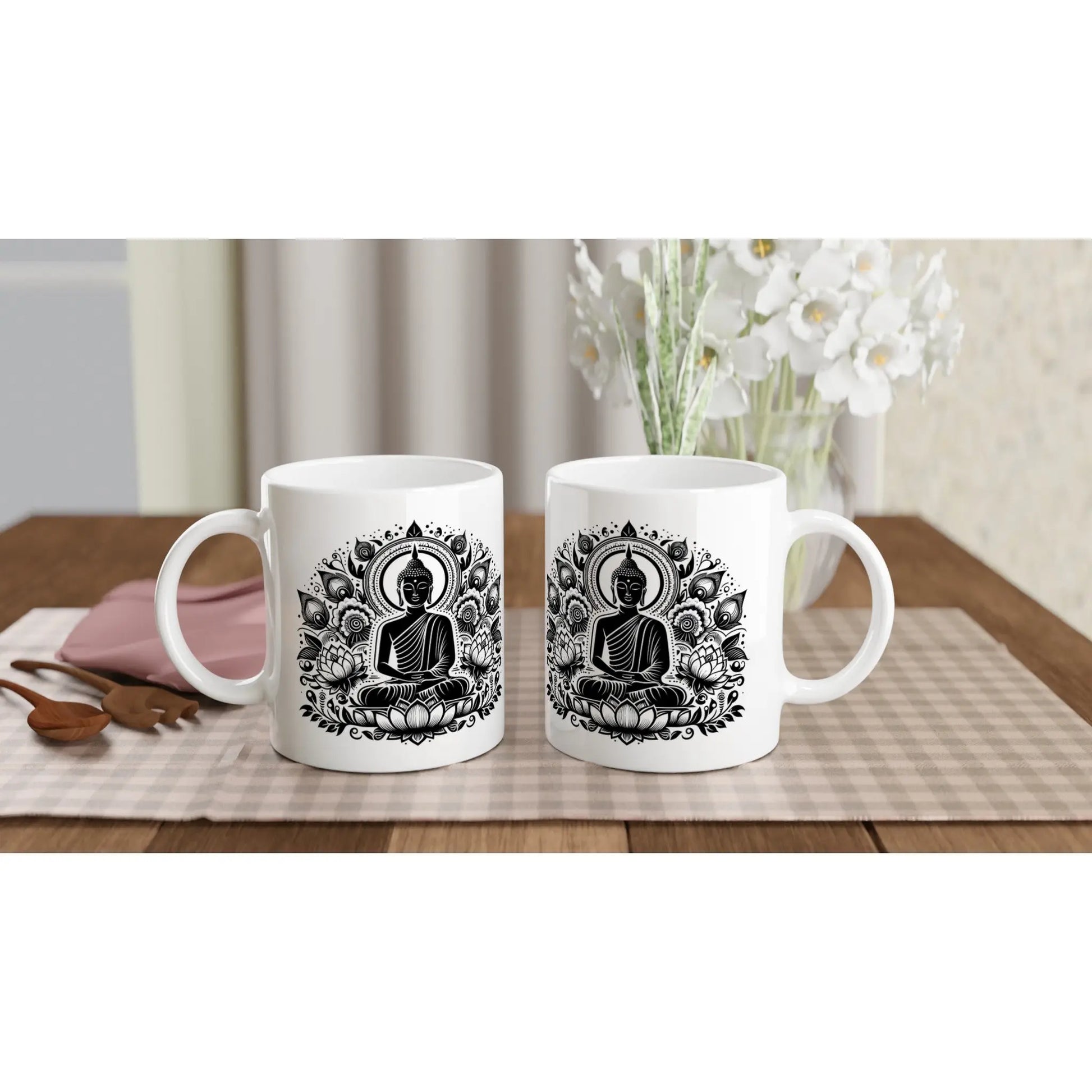 Keramiktasse mit Motiv Buddha mit Lotusblüten schwarz weiss MFunke Shop 