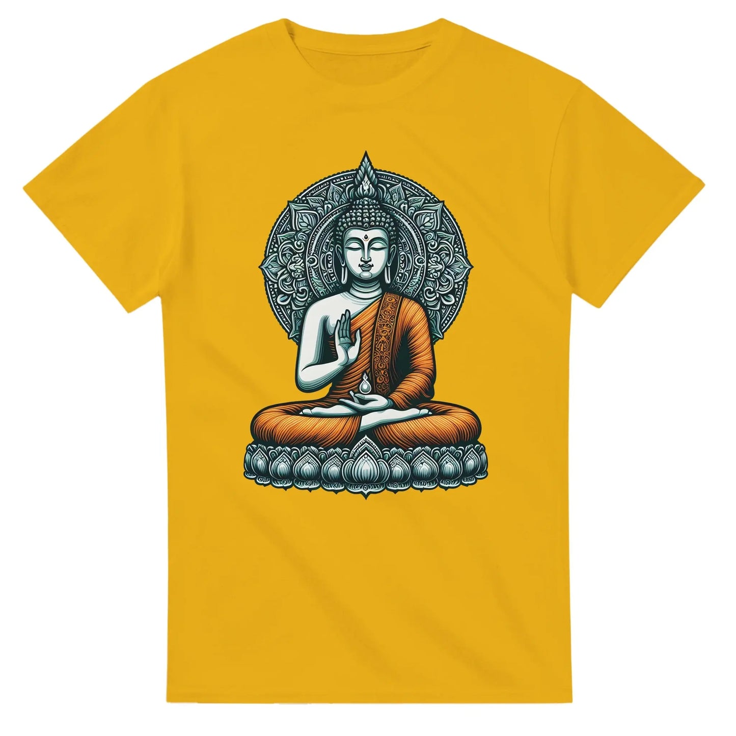 Buddha T-Shirt gelb unisex MFunke Shop Motiv Buddha im orangenen Gewand