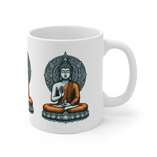 Buddha Keramik Tasse Harmonie und Achtsamkeit mit orangenem Gewand MFunke Shop