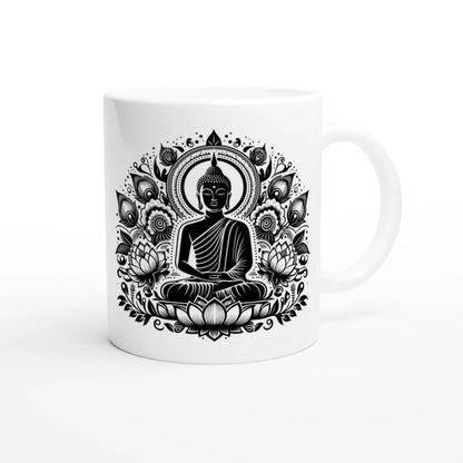 Keramiktasse mit Motiv Buddha mit Lotusblüten schwarz weiss MFunke Shop 