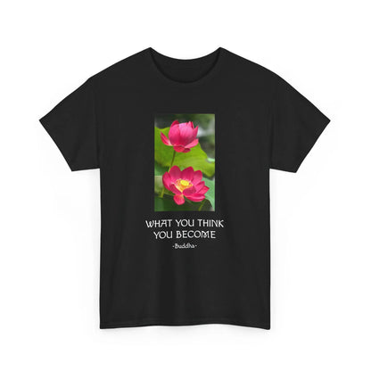 Lotusblüte T-Shirt mit Zitat von Buddha What you think you become MFunke schwarz unisex