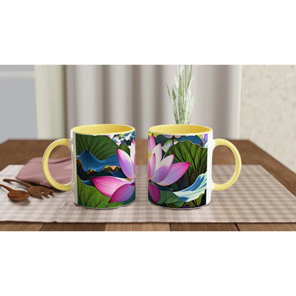 Keramiktasse gelb mit Motiv Lotusblüte MFunke Shop Meditation Relax Yoga 