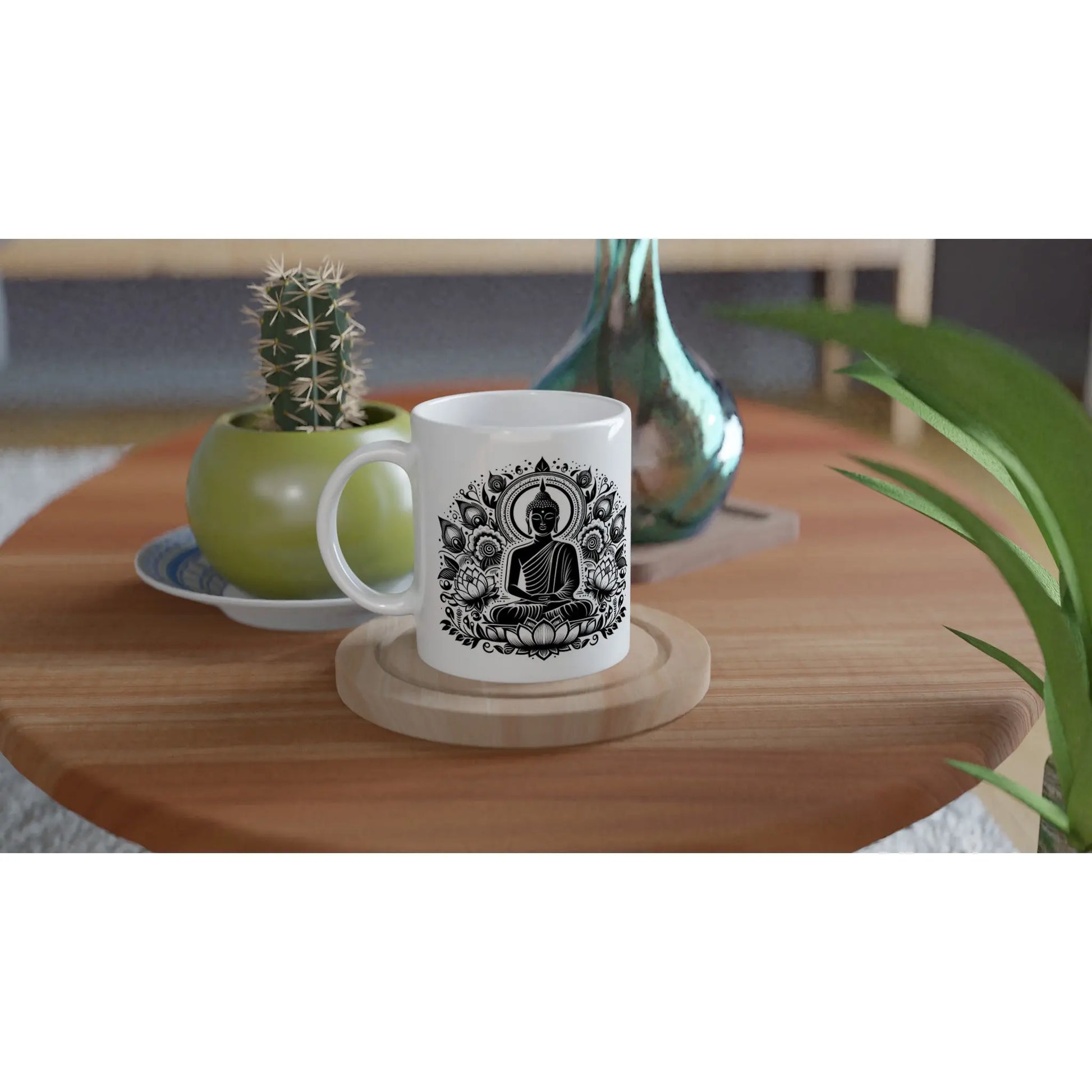 Keramiktasse mit Motiv Buddha mit Lotusblüten schwarz weiss MFunke Shop 