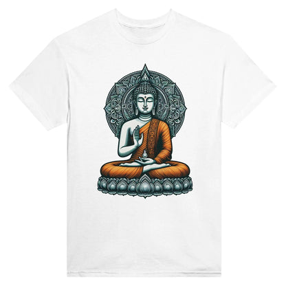 Buddha T-Shirt in weiß unisex MFunke Shop Motiv Buddha im orangenen Gewand