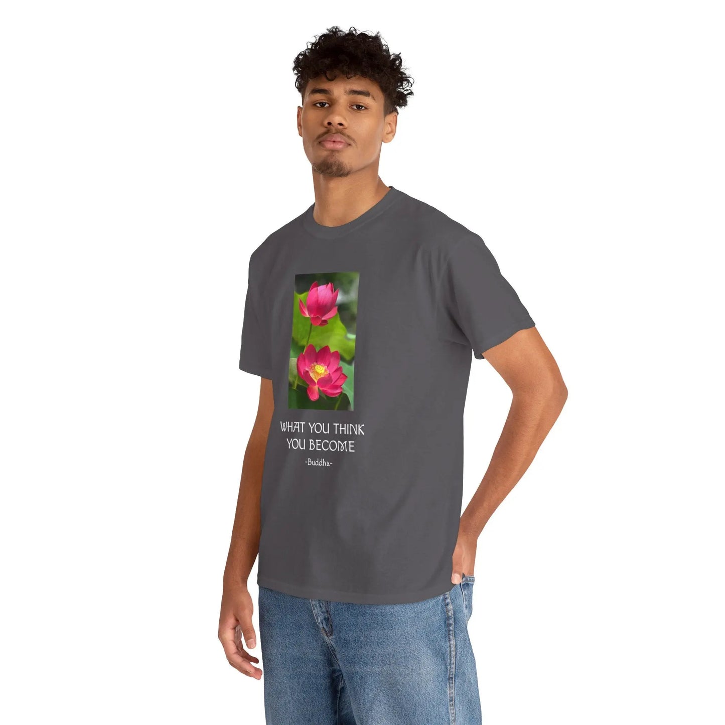 Lotusblüte T-Shirt mit Zitat von Buddha What you think you become MFunke dunkelgrau unisex