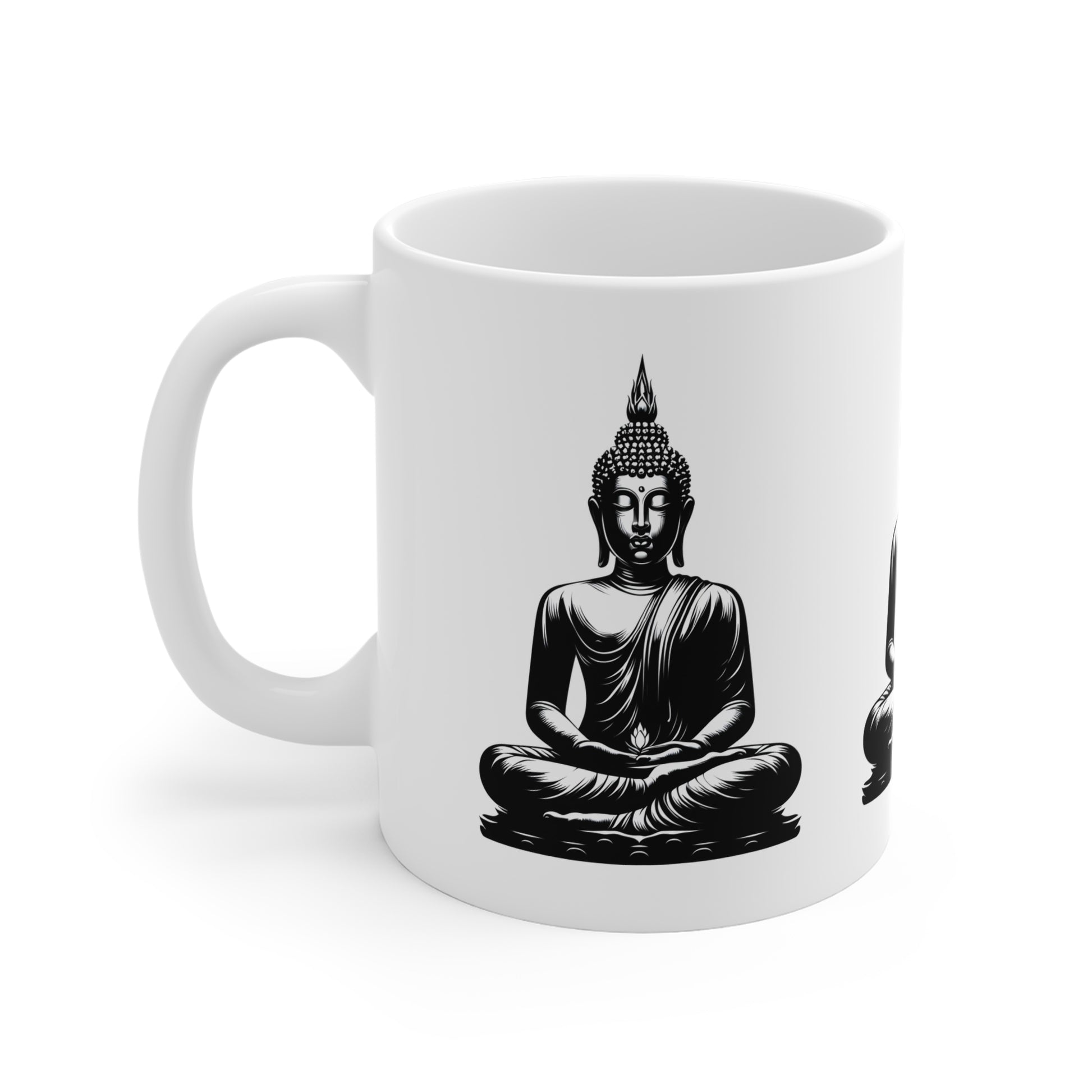 Buddha Tasse Keramik weiß mit Buddha Motiv in schwarz-weiß meditierend