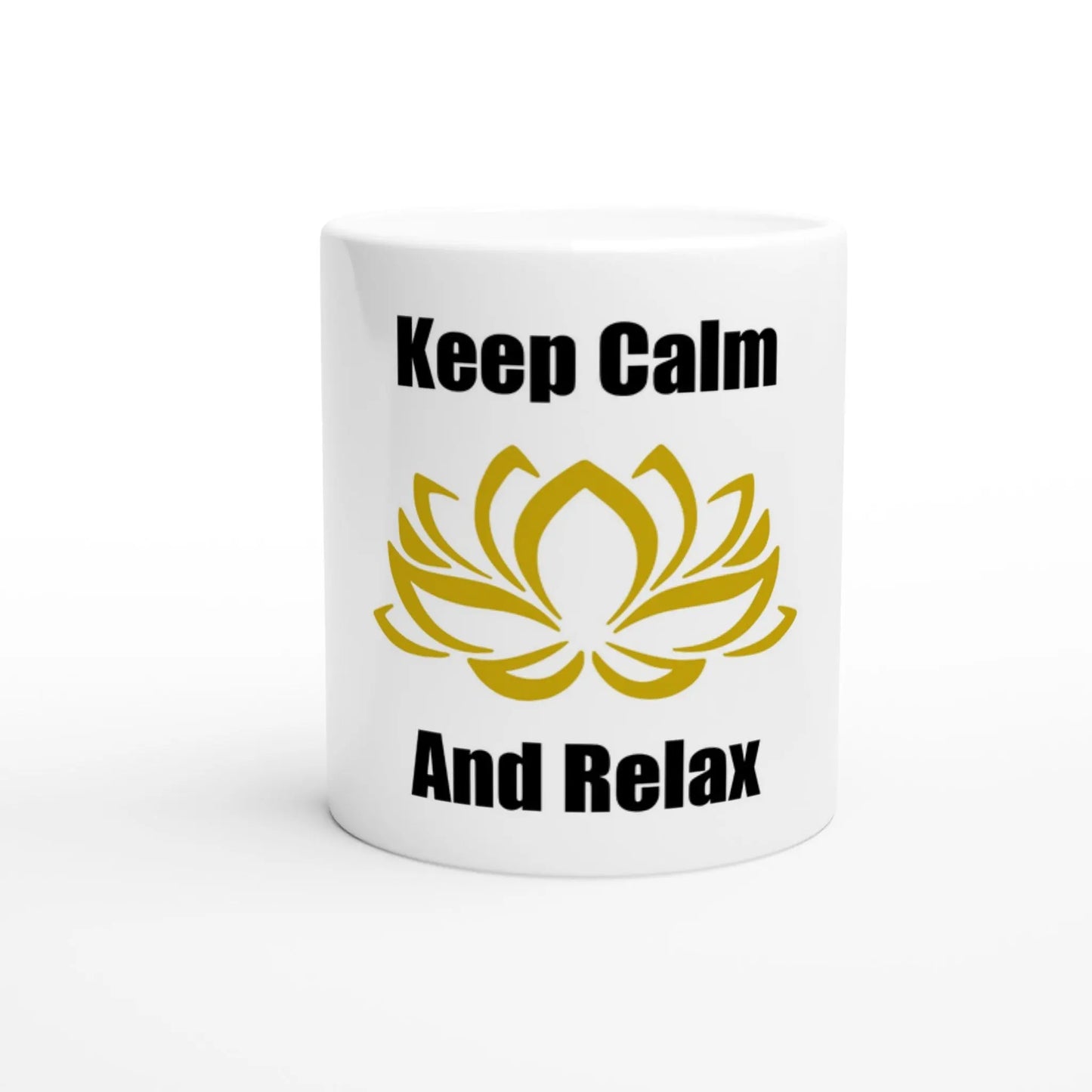 Keramiktasse mit Motiv goldfarbene Lotusblüte Logo MFunke Shop Keep calm and relax