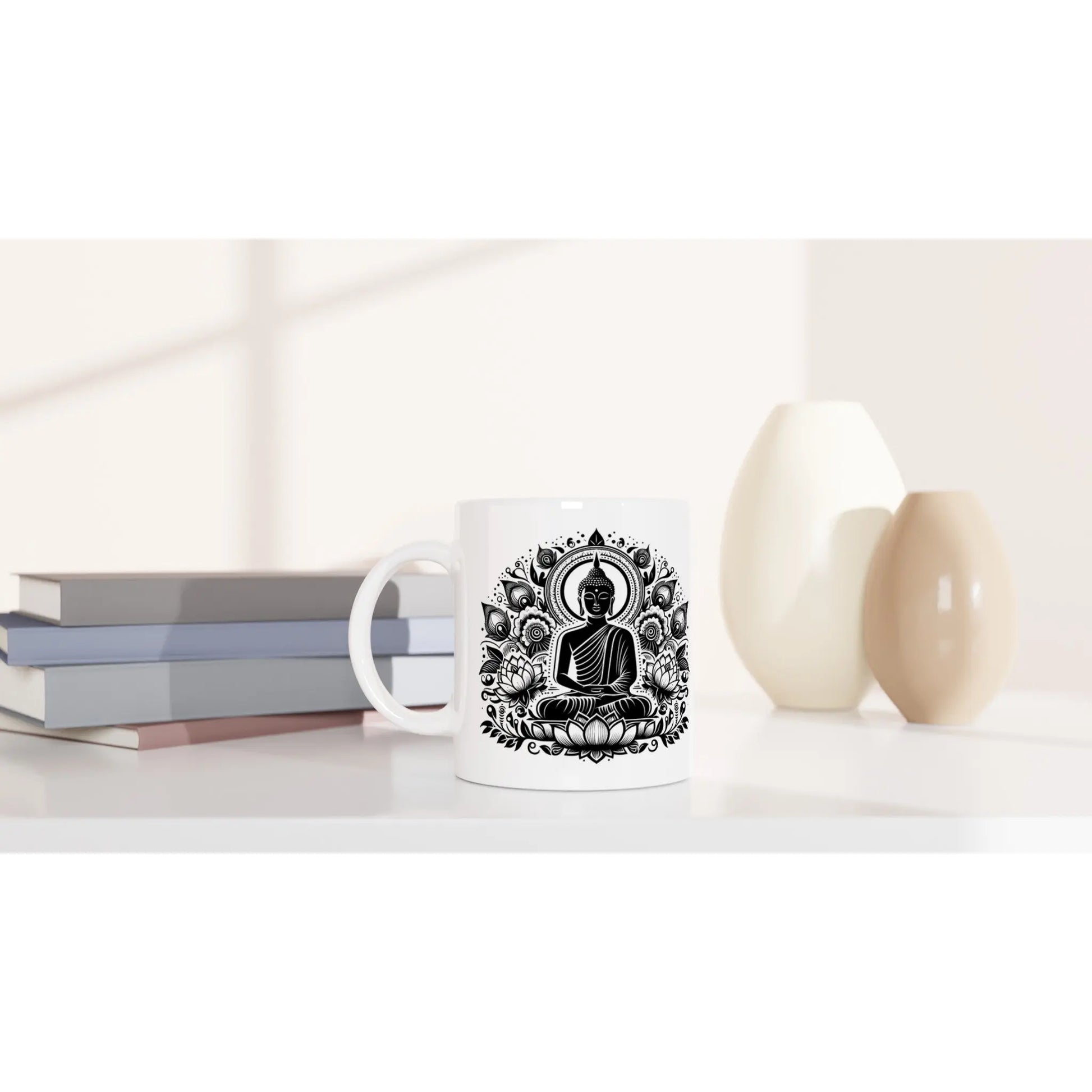 Keramiktasse mit Motiv Buddha mit Lotusblüten schwarz weiss MFunke Shop 