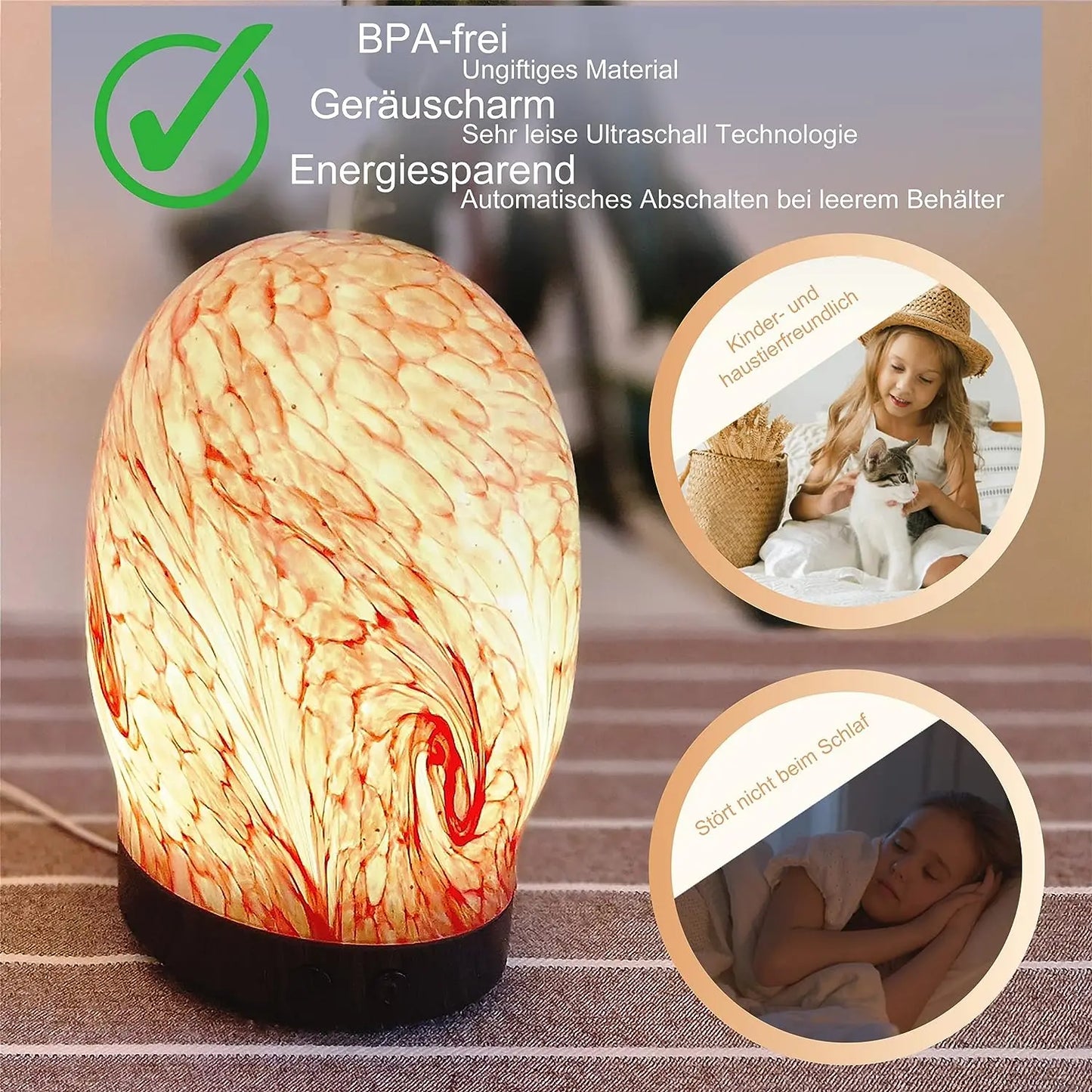 Aroma Diffuser Planetdesign mit Hinweisen zu bpa-frei, leise und energiesparend, kinder- und haustierfreundlich