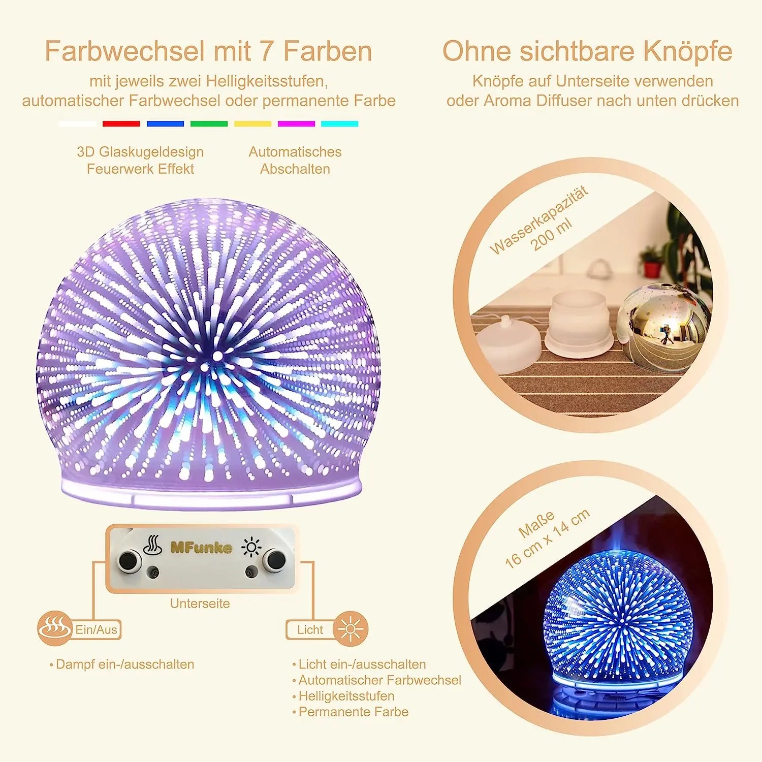 Aroma Diffuser Glaskugel Details Farbwechsel keine sichtbaren Knöpfe MFunke Shop