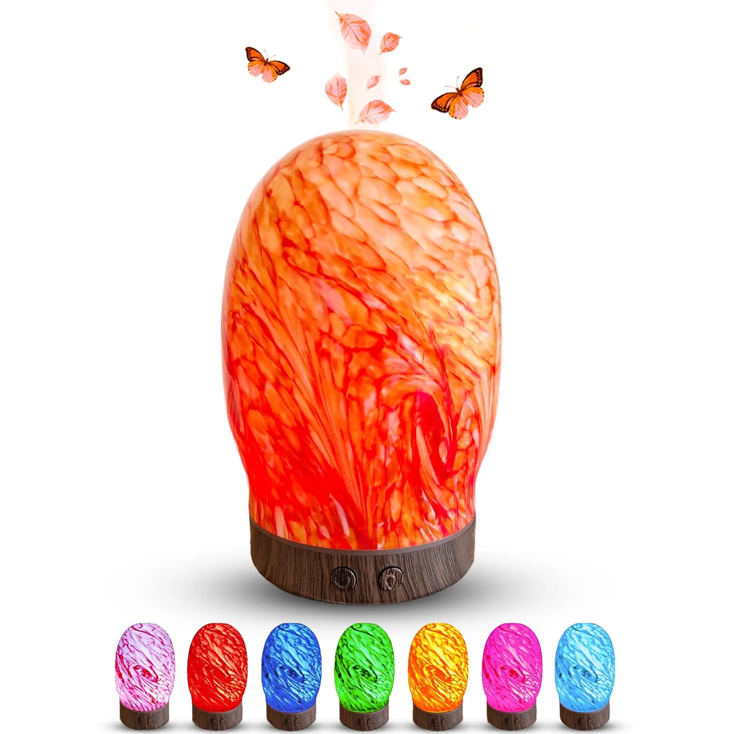 Aroma Diffuser Planetdesign in originaler Farbe orange und darunter alle Farben des Farbwechsels