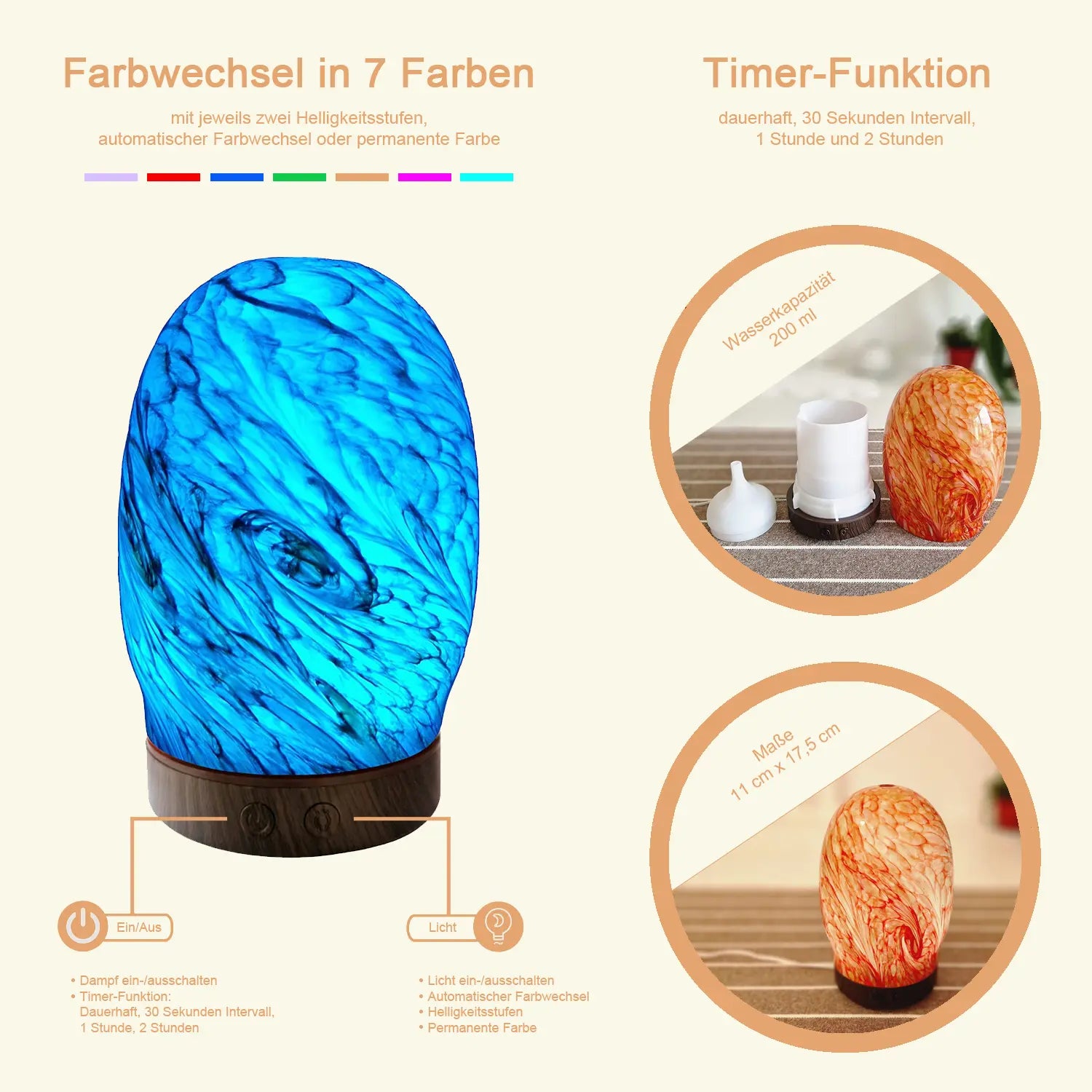 Aroma Diffuser Planetdesign mit Hinweisen zum automatischen Farbwechsel, Helligkeitsstufen und der Timerfunktion, Angabe zur Wasserkapazität 200 ml und zu den Maßen 11x17,5 cm