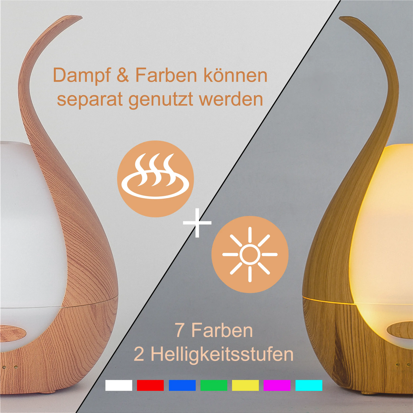 Aroma Diffuser in heller Holzoptik mit LED Licht verschiedene Farben möglich, Dampf und Farben können separat voneinander genutzt werden.