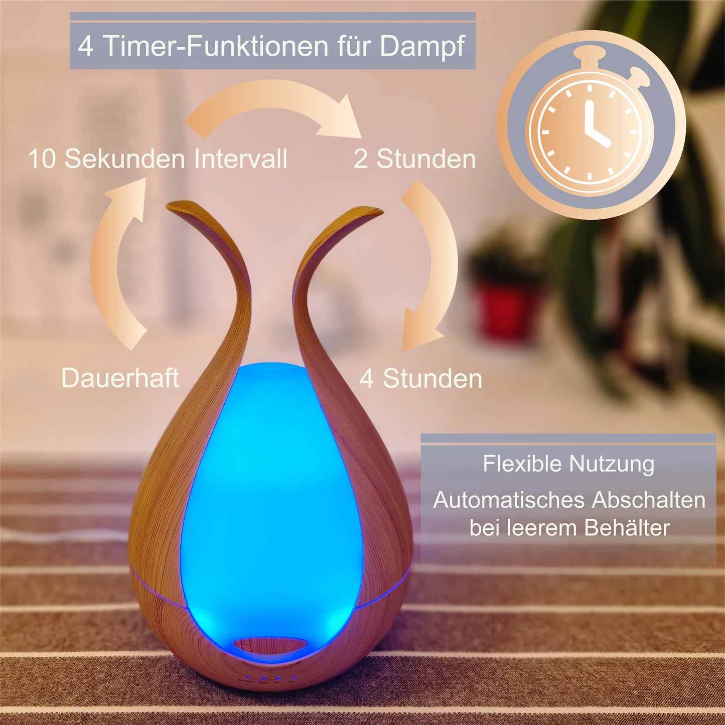 Aroma Diffuser in heller Holzoptik mit LED Licht verschiedene Farben, Timerfunktion Erklärung für den Dampf, automatisches Abschalten bei leerem Behälter