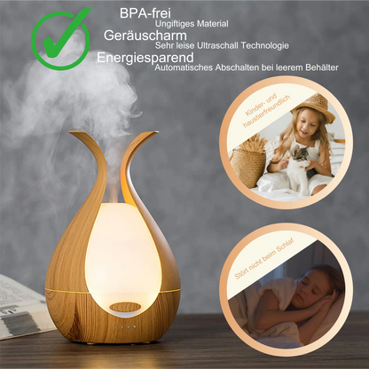 Aroma Diffuser in heller Holzoptik mit LED Licht verschiedene Farben, bpa-frei, leise und wenig Energieverbrauch