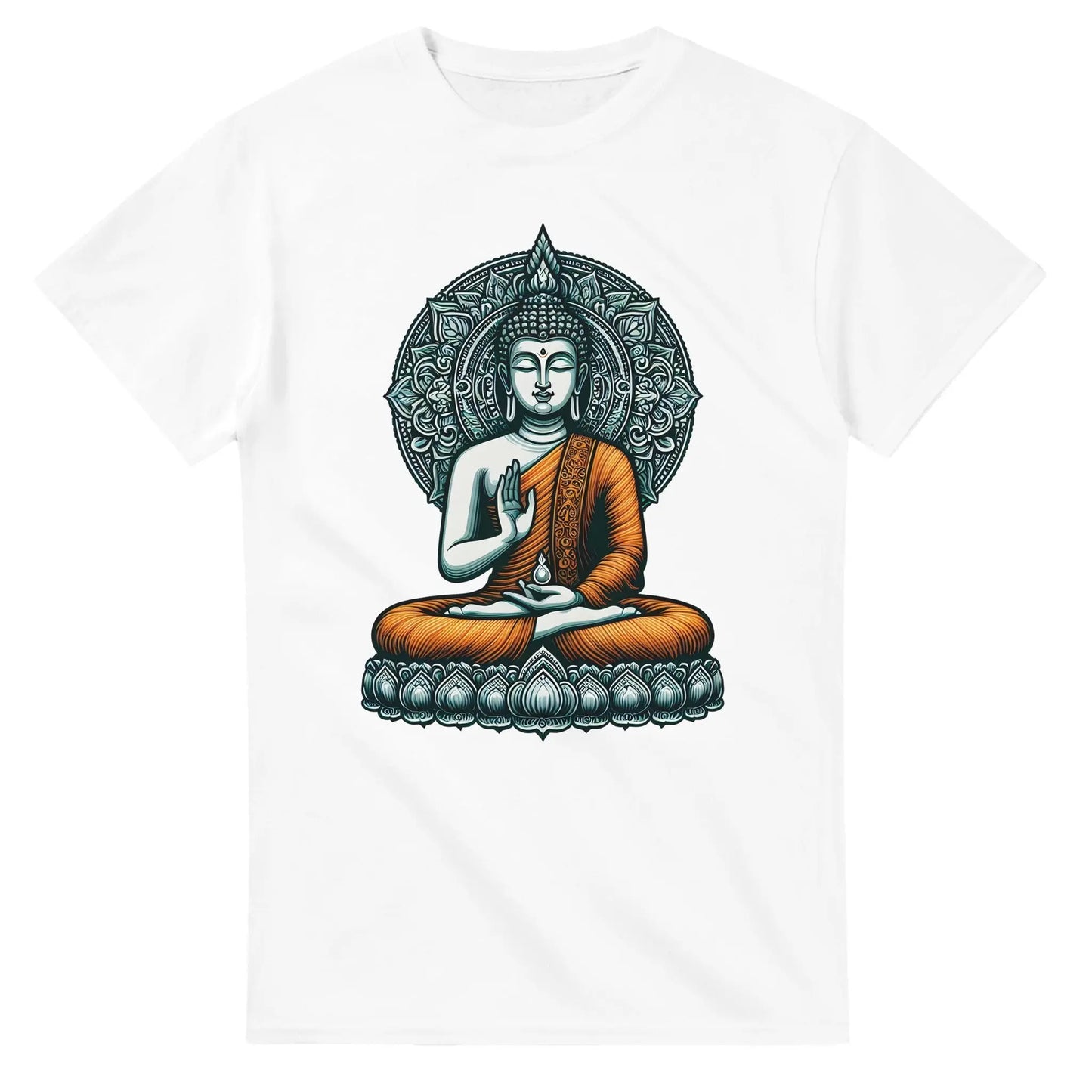 Buddha T-Shirt weiß unisex MFunke Shop Motiv Buddha im orangenen Gewand