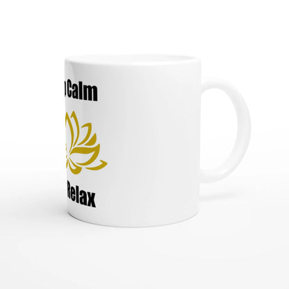 Keramiktasse mit Motiv goldfarbene Lotusblüte Logo MFunke Shop Keep calm and relax