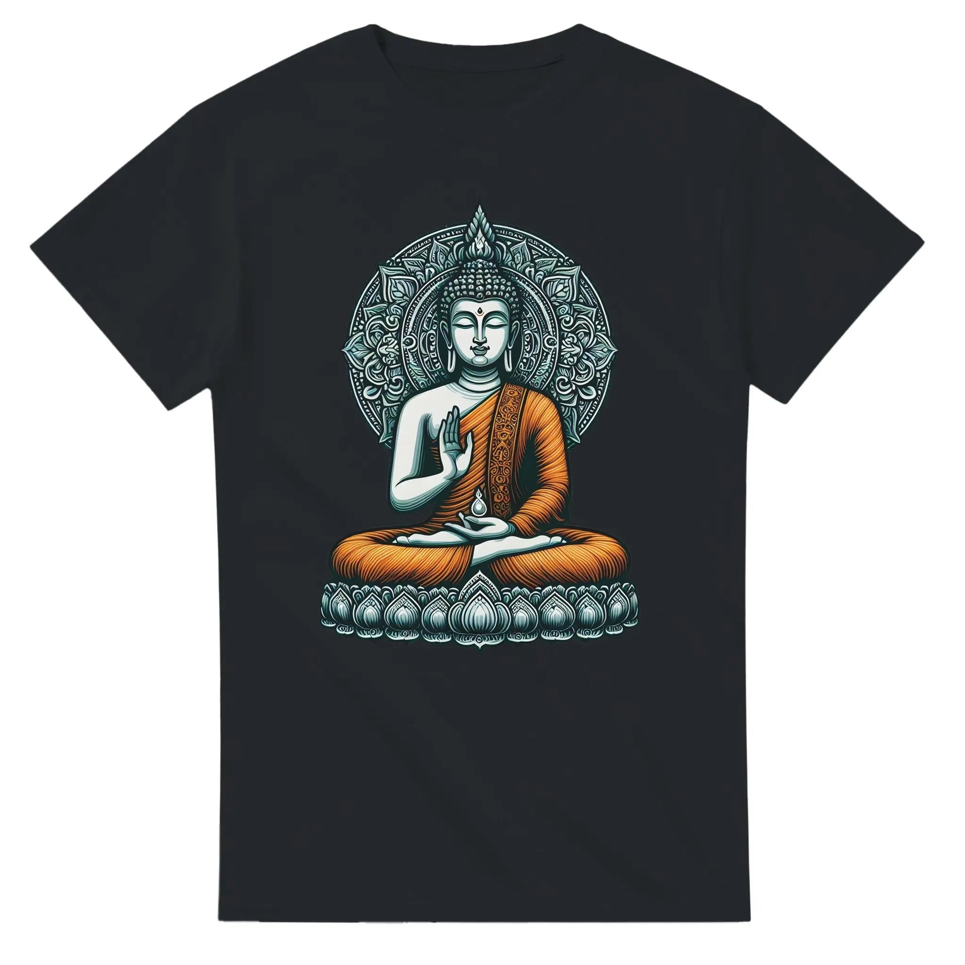 Buddha T-Shirt schwarz unisex MFunke Shop Motiv Buddha im orangenen Gewand