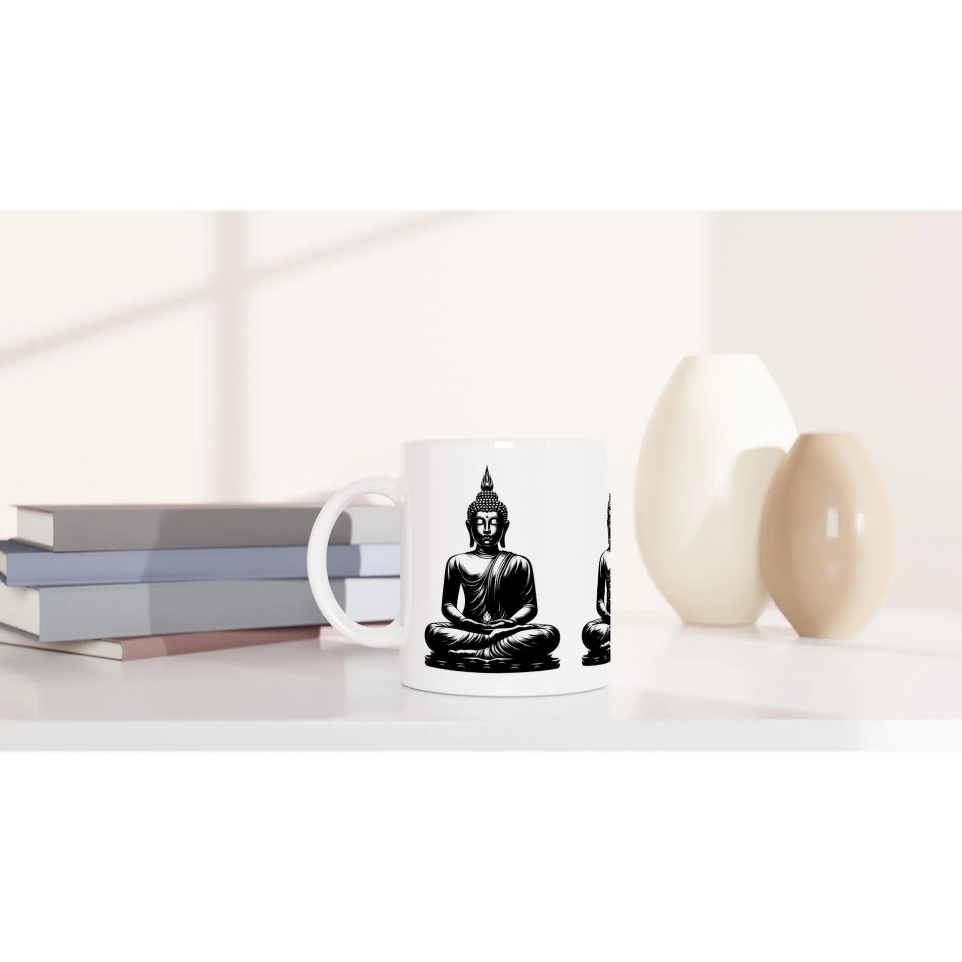 Buddha Keramiktasse weiße Tasse Buddha schwarz weiß MFunke Shop Meditation Relax Yoga