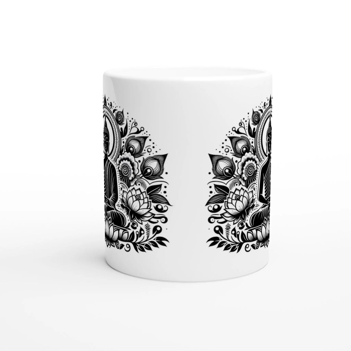 Keramiktasse mit Motiv Buddha mit Lotusblüten schwarz weiss MFunke Shop 