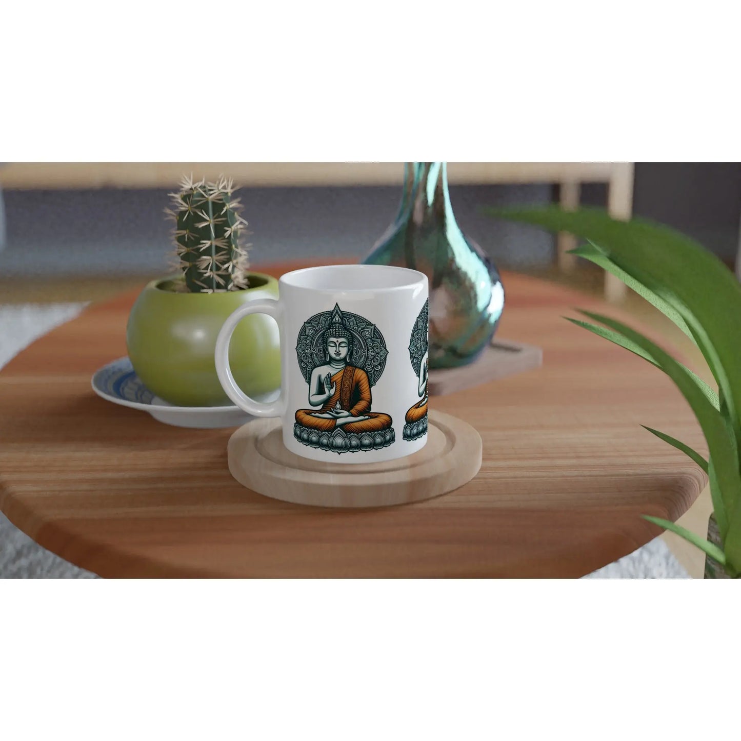 Buddha Keramiktasse weiß mit Buddha im orangefarbigen Gewand betend MFunke Shop 