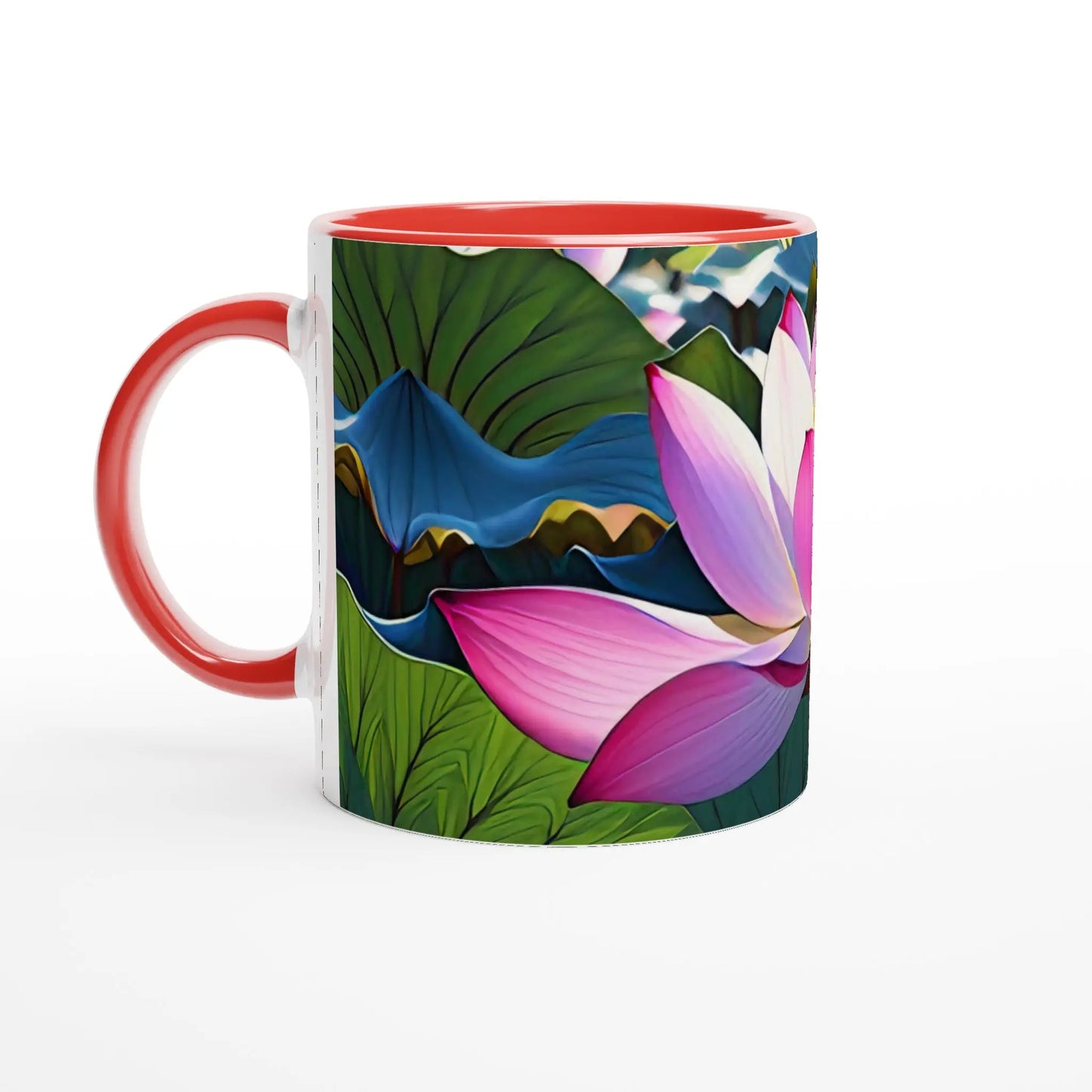 Keramiktasse rot mit Motiv Lotusblüte MFunke Shop Meditation Relax Yoga