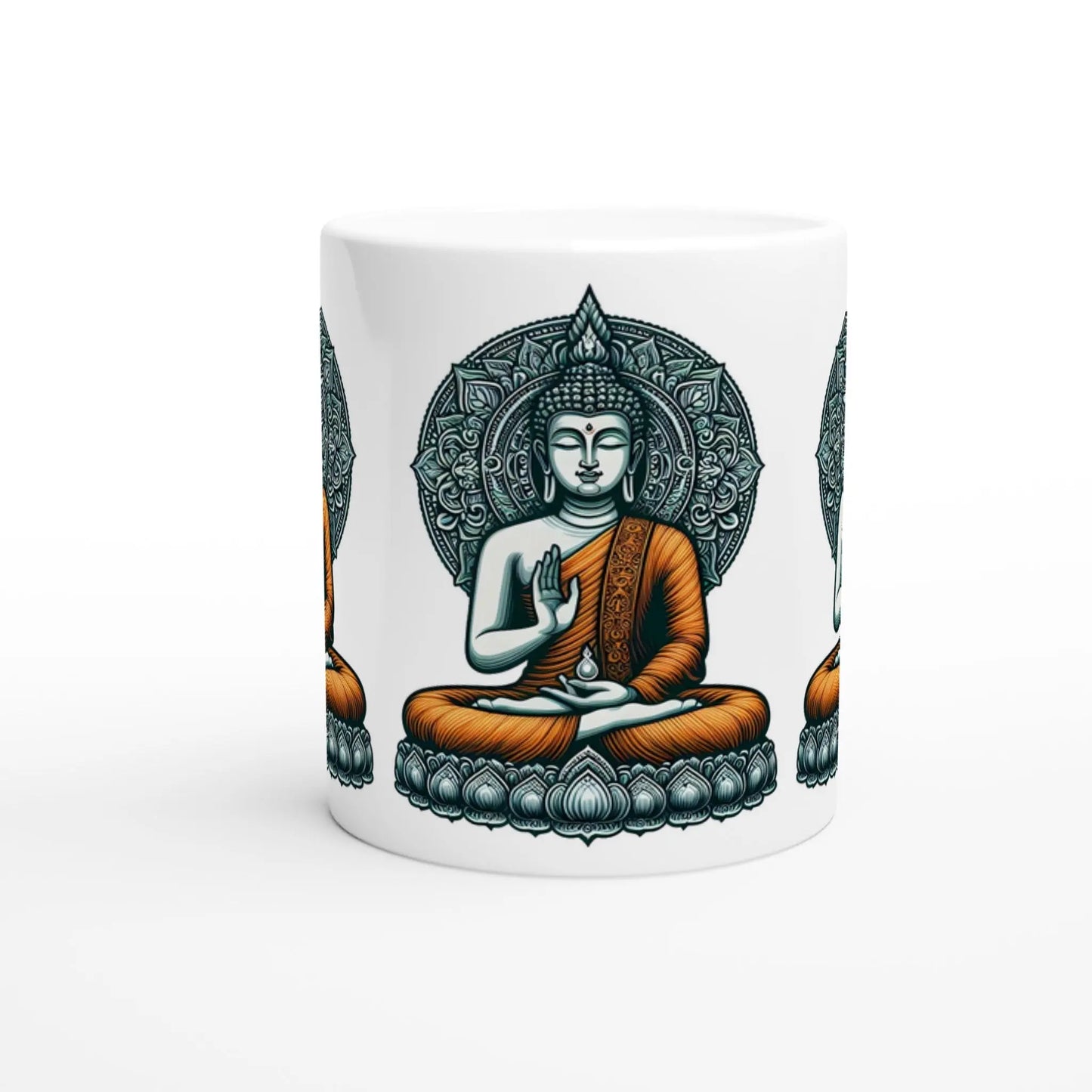 Buddha Keramiktasse weiß mit Buddha im orangefarbigen Gewand betend MFunke Shop 