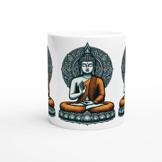 Buddha Keramiktasse weiß mit Buddha im orangefarbigen Gewand betend MFunke Shop 