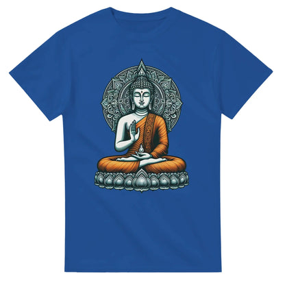 Buddha T-Shirt Königliches Blau unisex MFunke Shop Motiv Buddha im orangenen Gewand