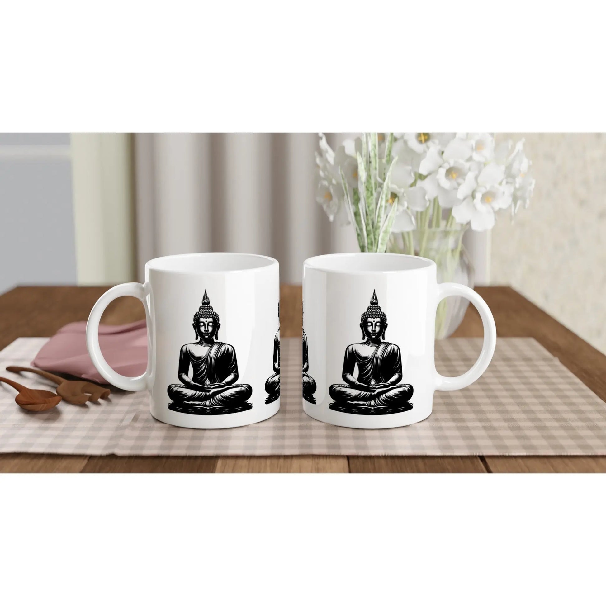 Buddha Keramiktasse weiße Tasse Buddha schwarz weiß MFunke Shop Meditation Relax Yoga