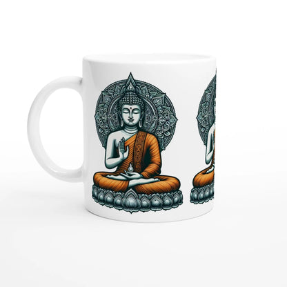 Buddha Keramiktasse weiß mit Buddha im orangefarbigen Gewand betend MFunke Shop 