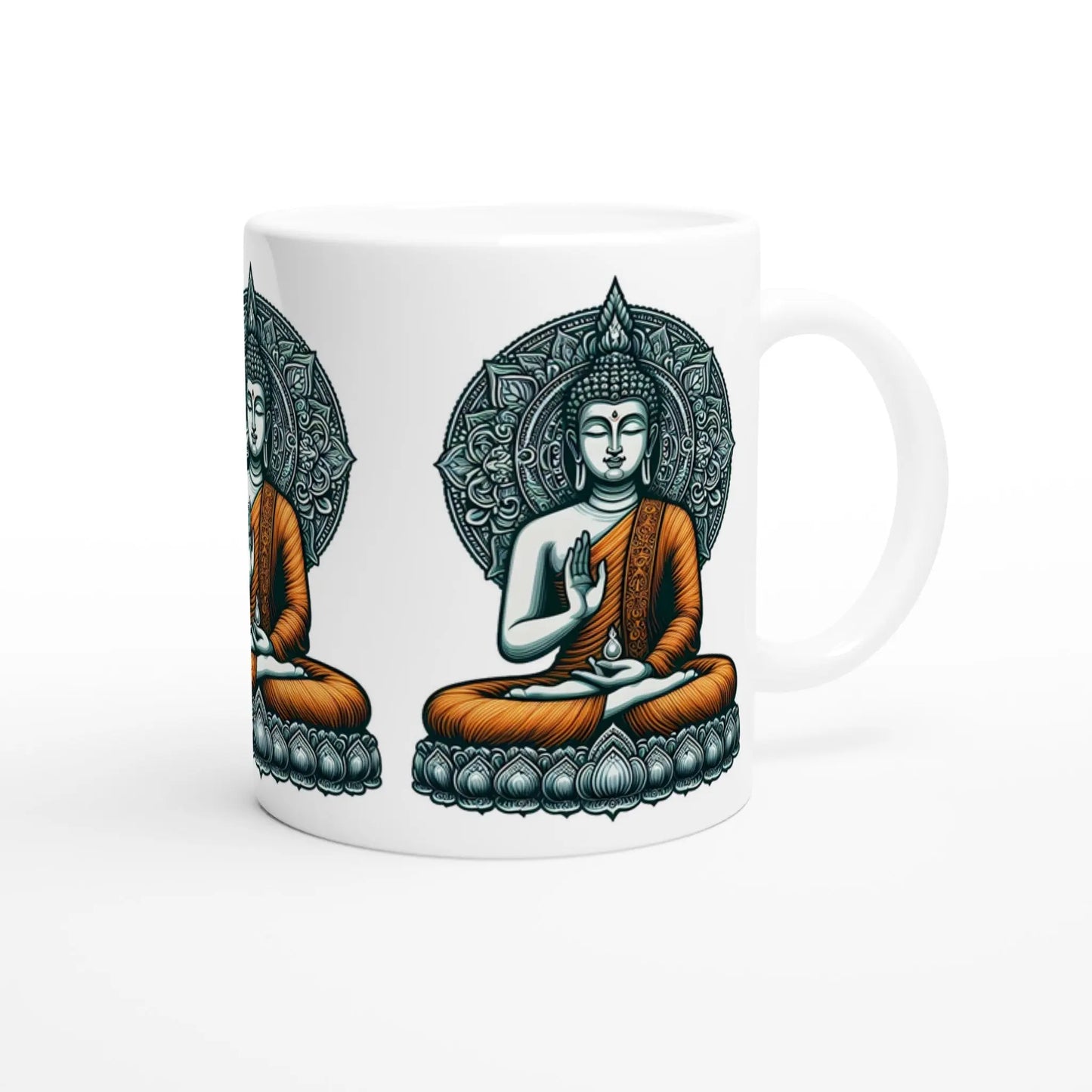 Buddha Keramiktasse weiß mit Buddha im orangefarbigen Gewand betend MFunke Shop 